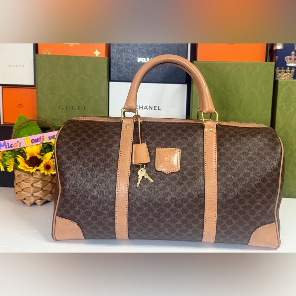 Auth CÈLINE Preowned EUC Tan and Brown Macadam Patterned Boston Bag with🔐
